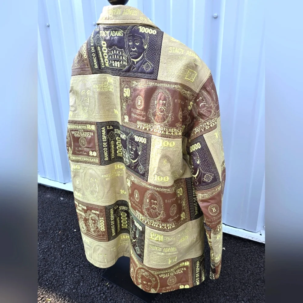 Insane LEATHER money Pattern Mens Coat Jacket Oversized Hip Hop 90s Y2k Size 4XL